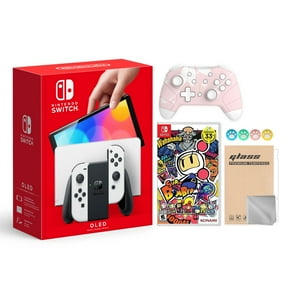 Nintendo Switch OLED Model White Joy Con 64GB Console Improved HD Screen & LAN-Port Dock with Super Bomberman R And Mytrix Wireless Switch Pro Controller and Accessories