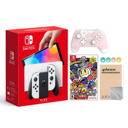Nintendo Switch OLED Model White Joy Con 64GB Console Improved HD Screen & LAN-Port Dock with Super Bomberman R And Mytrix Wireless Switch Pro Controller and Accessories