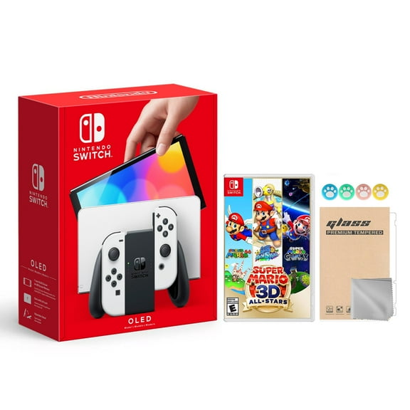 Nintendo Switch OLED Model White Joy Con 64GB Console Improved HD Screen & LAN-Port Dock with Super Mario 3D All-Stars And Mytrix Joystick Caps & Screen Protector