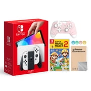Nintendo Switch OLED Model White Joy Con 64GB Console Improved HD Screen & LAN-Port Dock with Super Mario Maker 2 And Mytrix Wireless Switch Pro Controller and Accessories