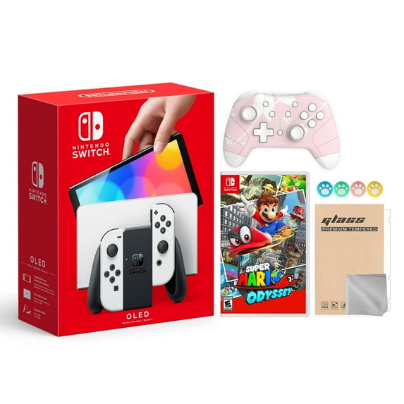 Nintendo Switch OLED Model White Joy Con 64GB Console Improved HD Screen & LAN-Port Dock with Super Mario Odyssey And Mytrix Wireless Switch Pro Controller and Accessories