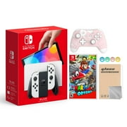 Nintendo Switch OLED Model White Joy Con 64GB Console Improved HD Screen & LAN-Port Dock with Super Mario Odyssey And Mytrix Wireless Switch Pro Controller and Accessories