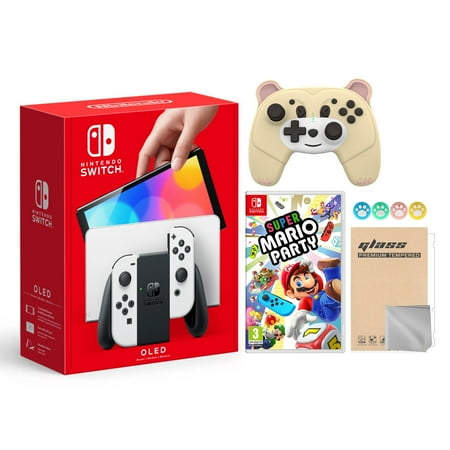 Nintendo Switch OLED Model White Joy Con 64GB Console Improved HD Screen & LAN-Port Dock with Super Mario Party And Mytrix Accessories - JP Version Region Free
