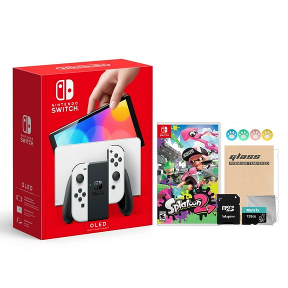 Nintendo Switch OLED Model White Joy Con 64GB Console Improved HD Screen and LAN-Port Dock with Splatoon 2 and Mytrix Accessories 2021 New