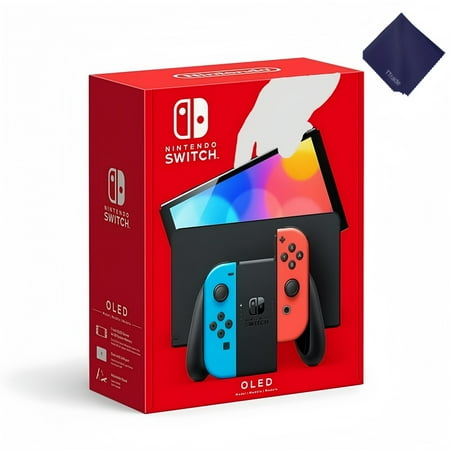 Nintendo Switch – OLED Model w/ 7” OLED Screen & Red/Blue Joy-Con – Enhanced Audio, Wide Adjustable Stand, 64GB Storage, LAN Port, Travel Case Bundle