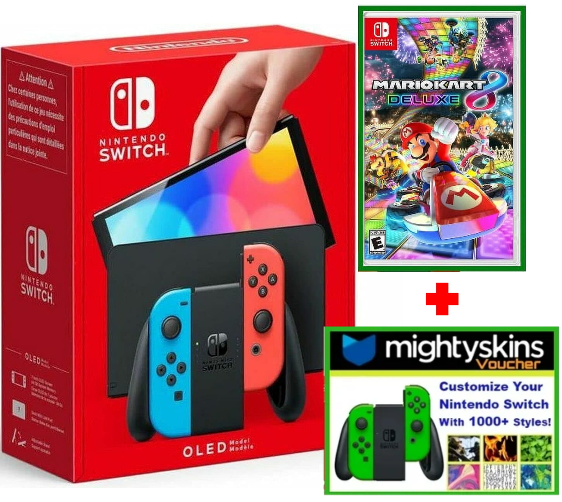 OLED Mightyskins Red Import Nintendo - Kart Plug US Mario 8 Console Switch - Joy-Con Bundle Deluxe Voucher with & Neon with w/ Neon Model Blue Limited Game &