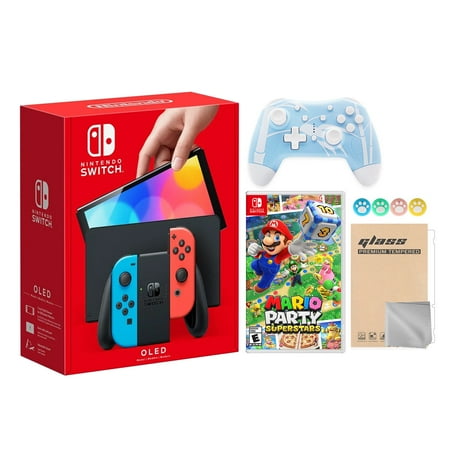 Nintendo Switch OLED Neon Red Blue Console, Mario Party Superstars, Mytrix Controller & Accessories