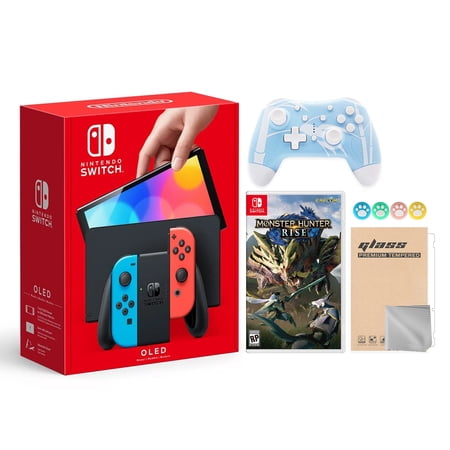Nintendo Switch OLED Neon Red Blue Console, Monster Hunter: Rise, Mytrix Controller & Accessories
