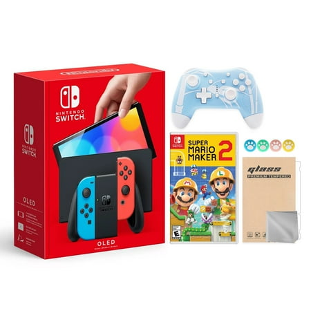 Nintendo Switch OLED Neon Red Blue Console, Super Mario Maker 2, Mytrix Controller & Accessories
