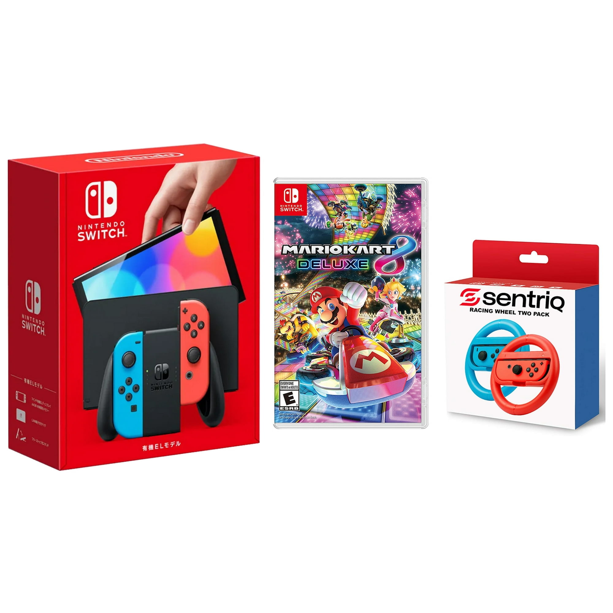 Nintendo Switch OLED Model, Neon Red/Blue + Mario Kart 8 + Sentriq