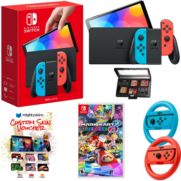 Nintendo Switch OLED Neon Red/Blue Edition Bundle with Mario Kart 8 Deluxe Game   Mightyskins Voucher – (JP Edition) - Japan Import with US Plug