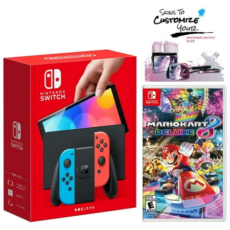 Nintendo Switch OLED Neon Red & Blue Edition + Mario Kart 8 Deluxe Game + MightySkins Custom Console and Controller Skin Voucher - Japan Import with US Plug