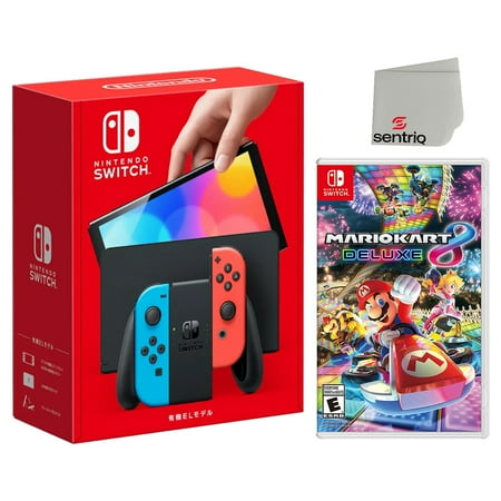 Nintendo Switch OLED Neon Red/Blue Edition + Mario Kart 8 Deluxe + Sentriq Screen Cleaning Cloth Bundle - Japan Import with US Plug