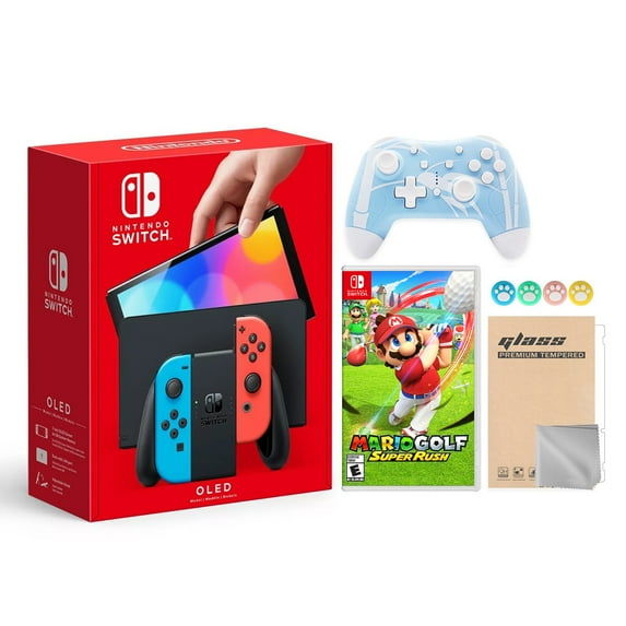 Nintendo Switch OLED Neon Red Blue, Mario Golf: Super Rush, Mytrix Controller & Accessories