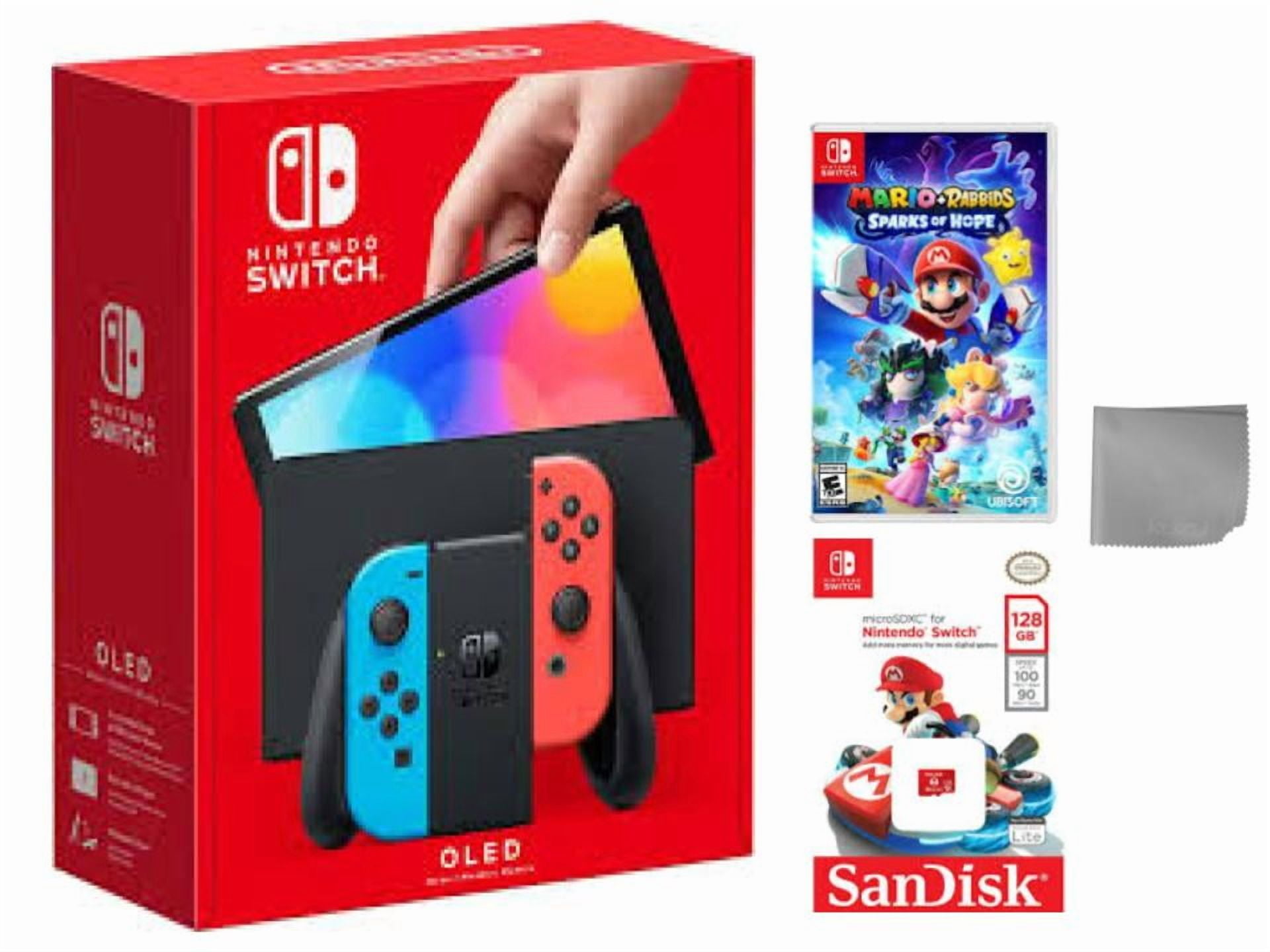 Nintendo Switch OLED with Neon Red & Neon Blue Joy-Con (International Edition) Bundle with Mario+Rabbids: Sparks of Hope & 128 gb Nintendo SD card & Cleaning Cloth