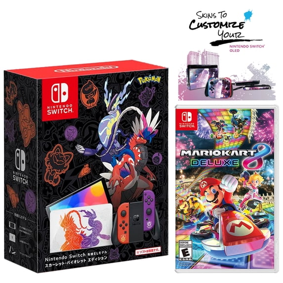 Nintendo Switch OLED Pokémon Scarlet & Violet Edition + Mario Kart 8 Deluxe Game + MightySkins Custom Console and Controller Skin Voucher - Japan Import with US Plug