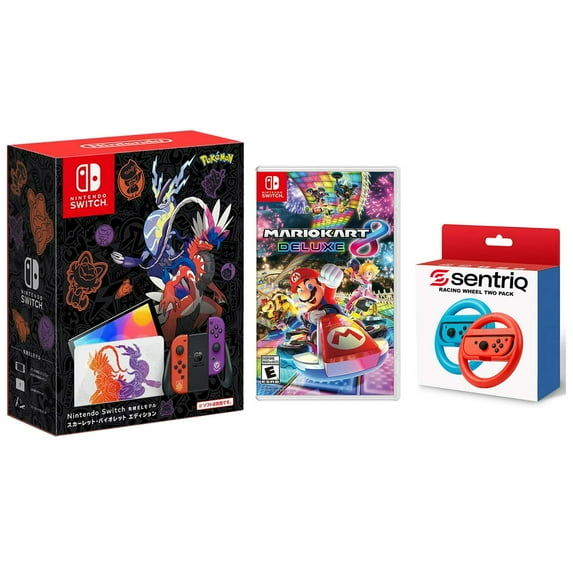 Nintendo Switch OLED Pokémon Scarlet & Violet Edition + Mario Kart 8 Deluxe + Sentriq Racing Wheel Two Pack Joy Con Attachments - Japan Import with US Plug