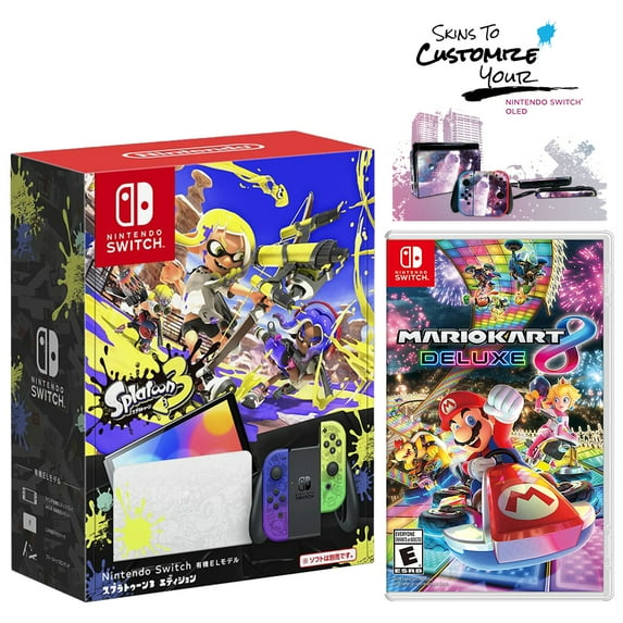 Nintendo Switch OLED Splatoon 3 Edition + Mario Kart 8 Deluxe Game + MightySkins Custom Console and Controller Skin Voucher - Japan Import with US Plug