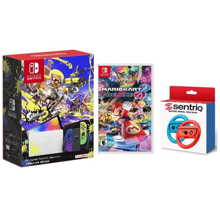 Nintendo Switch OLED Splatoon 3 Edition + Mario Kart 8 Deluxe + Sentriq Racing Wheel Two Pack Joy Con Attachments - Japan Import with US Plug
