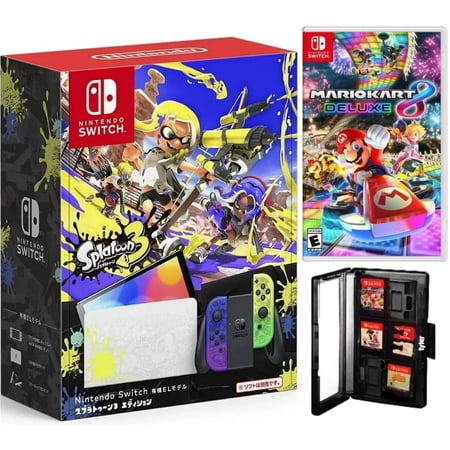 Nintendo Switch OLED Splatoon 3 Edition Bundle with Mario Kart 8 Deluxe + Tyler Game Case - Japan Import with US Plug