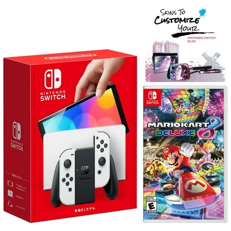 Nintendo Switch OLED White Edition Bundle with Mario Kart 8 Deluxe Game + MightySkins Custom Console and Controller Skin Voucher - Japan Import with US Plug