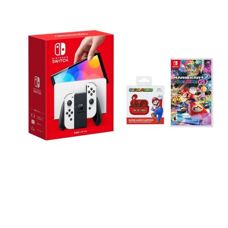 Nintendo Switch OLED White Edition + Mario Kart 8 Deluxe + Wireless Red Mario Earphones - Japan Import with US Plug