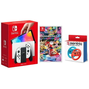 Nintendo Switch OLED White Edition Bundle with Mario Kart 8 Deluxe   Sentriq Racing Wheel Two Pack Joy Con Attachments - Japan Import with US Plug