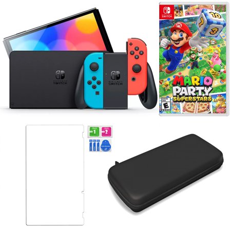 Nintendo Switch OLED in Neon with Mario Party Superstars and Accessories