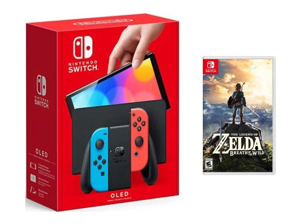 Nintendo Switch OLED with Neon Blue and Neon Red Joy-Cons (International Edition) Bundle with The Legend of Zelda: Breath of the Wild