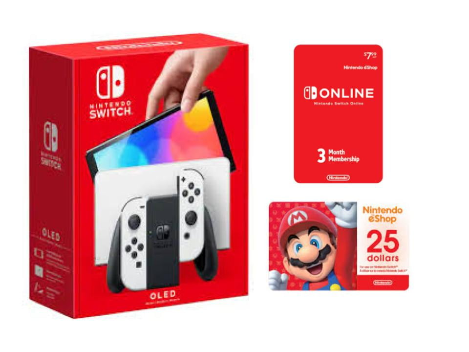 Nintendo Switch OLED with White Joy-Con (International Edition) Bundle with 3 Month Nintendo Switch Online Membership & 25 GC