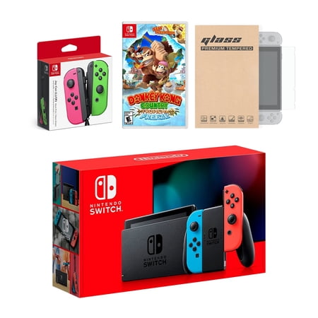 Nintendo Switch Red/Blue Joy-Con Console Bundle with an Extra Pair of Neon Pink/Green Joy-Con, Donkey Kong Country: Tropical Freeze, and Mytrix Tempered Glass Screen Protector