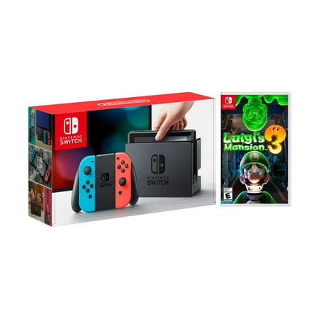 Nintendo Switch Red/Blue Joy-Con Console Bundle with Luigi's Mansion 3 NS Game Disc - 2019 New Game!