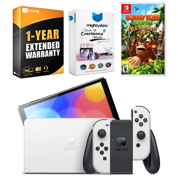 Nintendo Switch White OLED Console with Donkey Kong Country Returns HD, MightySkins Console and Controller Skin Voucher, and 1 Year CPS Extended Warranty
