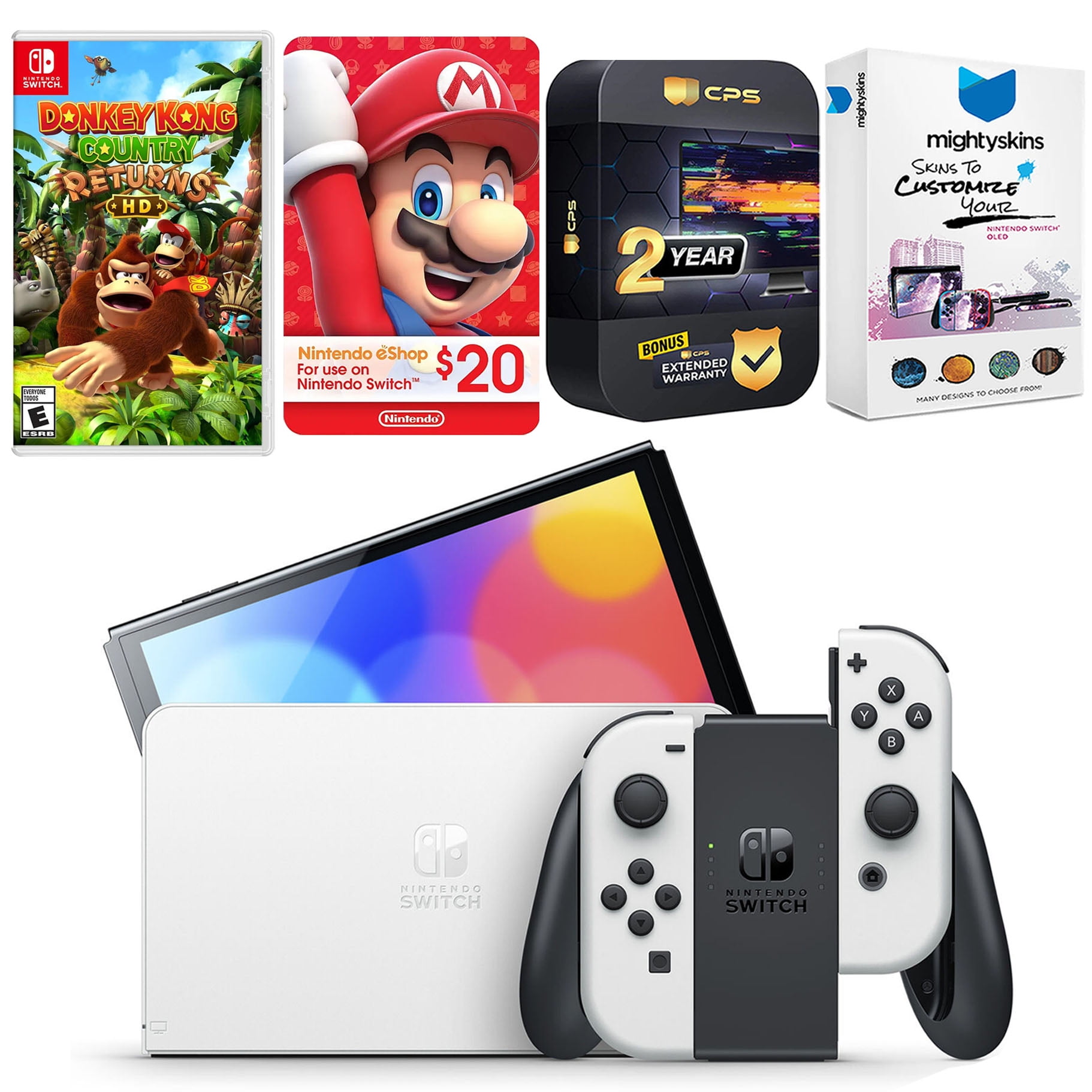 Nintendo Switch White OLED Console with Donkey Kong Country Returns HD, Nintendo $20 eShop Gift Card, MightySkins Console and Controller Skin Voucher, and 2 Year CPS Extended Warranty