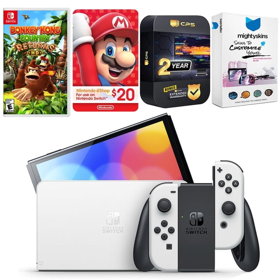 Nintendo Switch White OLED Console with Donkey Kong Country Returns HD, Nintendo $20 eShop Gift Card, MightySkins Console and Controller Skin Voucher, and 2 Year CPS Extended Warranty