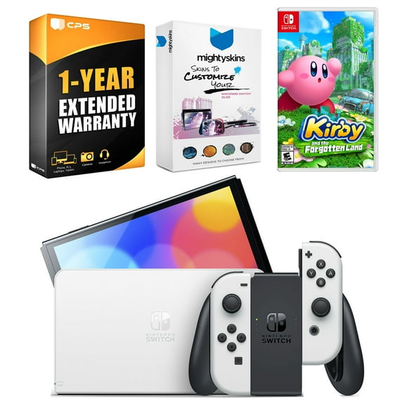 Nintendo Switch White OLED Console with Kirby and the Forgotten Land, MightySkins Console and Controller Skin Voucher, and 1 Year CPS Extended Warranty