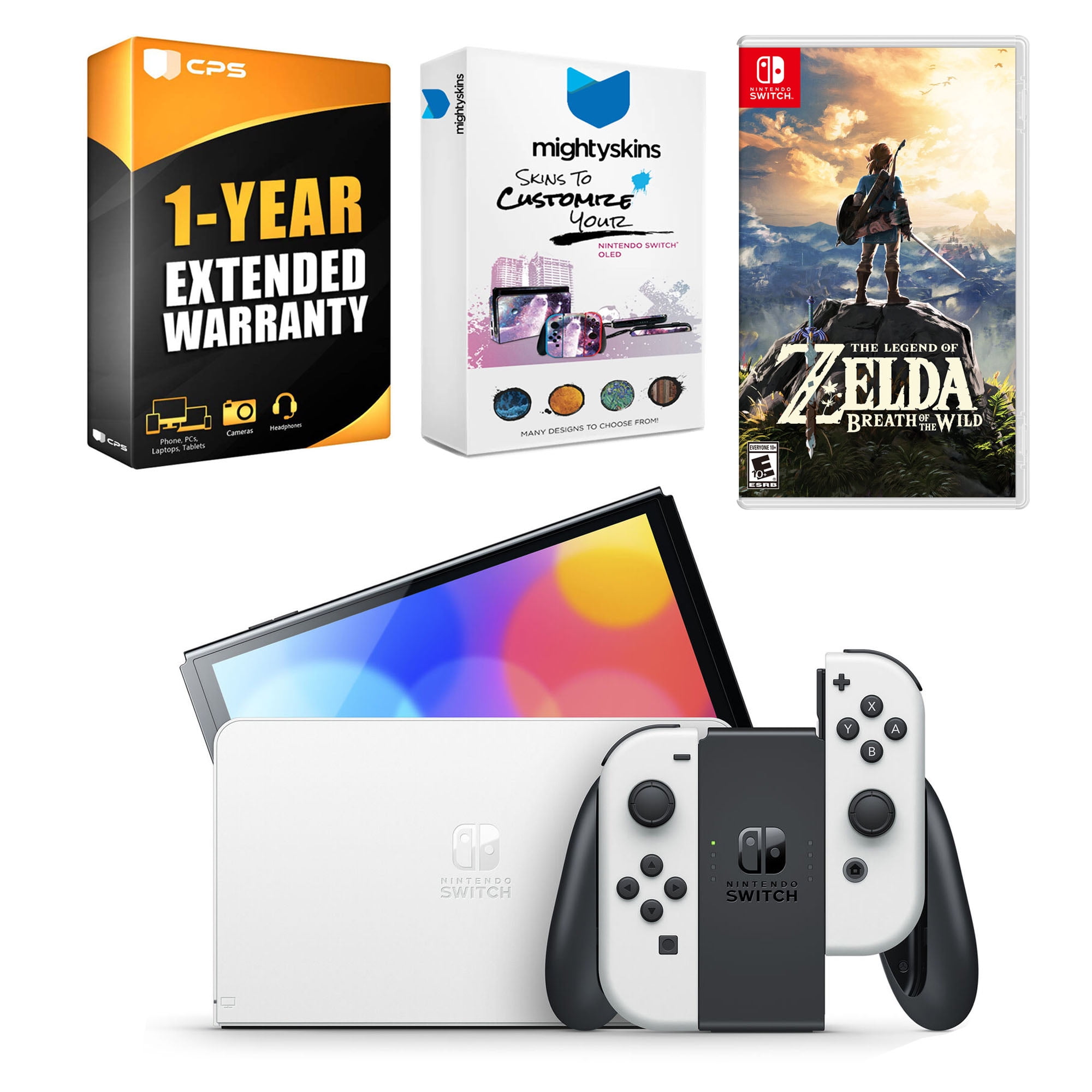 Nintendo Switch White OLED Console with The Legend of Zelda Breath of the Wild, MightySkins Console and Controller Skin Voucher, and 1 Year CPS Extended Warranty