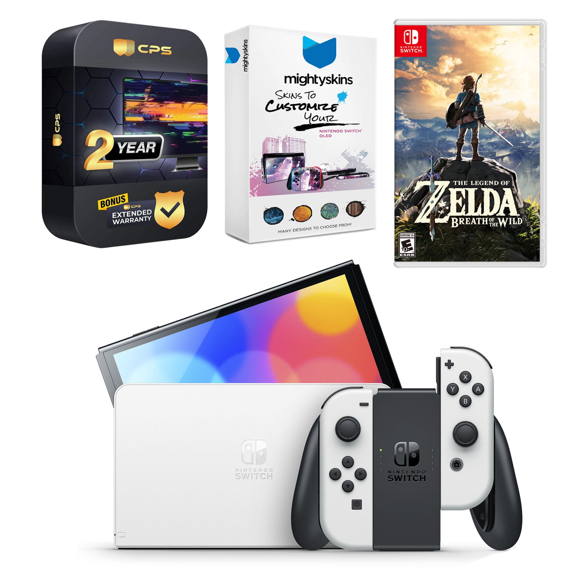 Nintendo Switch White OLED Console with The Legend of Zelda Breath of the Wild, MightySkins Console and Controller Skin Voucher, and 2 Year CPS Extended Warranty