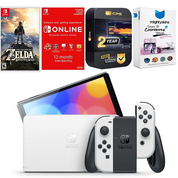 Nintendo Switch White OLED Console with Legend of Zelda Breath of the Wild, NSO 12 Month Family Membership, MightySkins Console and Controller Skin Voucher, and 2 Year CPS Extended Warranty