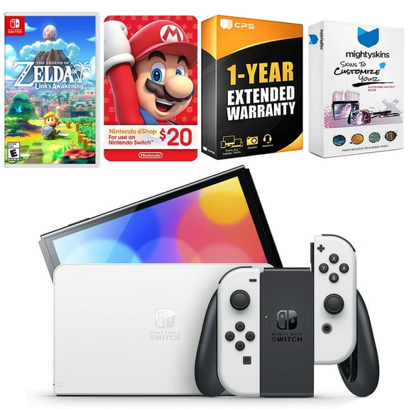 Nintendo Switch White OLED Console with The Legend Of Zelda Link's Awakening, Nintendo $20 eShop Gift Card, MightySkins Console and Controller Skin Voucher, and 1 Year CPS Extended Warranty