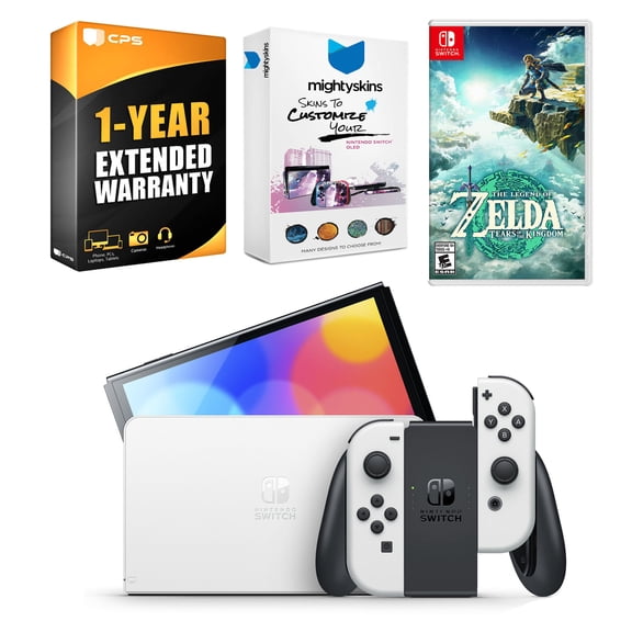 Nintendo Switch White OLED Console with The Legend of Zelda: Tears of the Kingdom, MightySkins Console and Controller Skin Voucher, and 1 Year CPS Extended Warranty