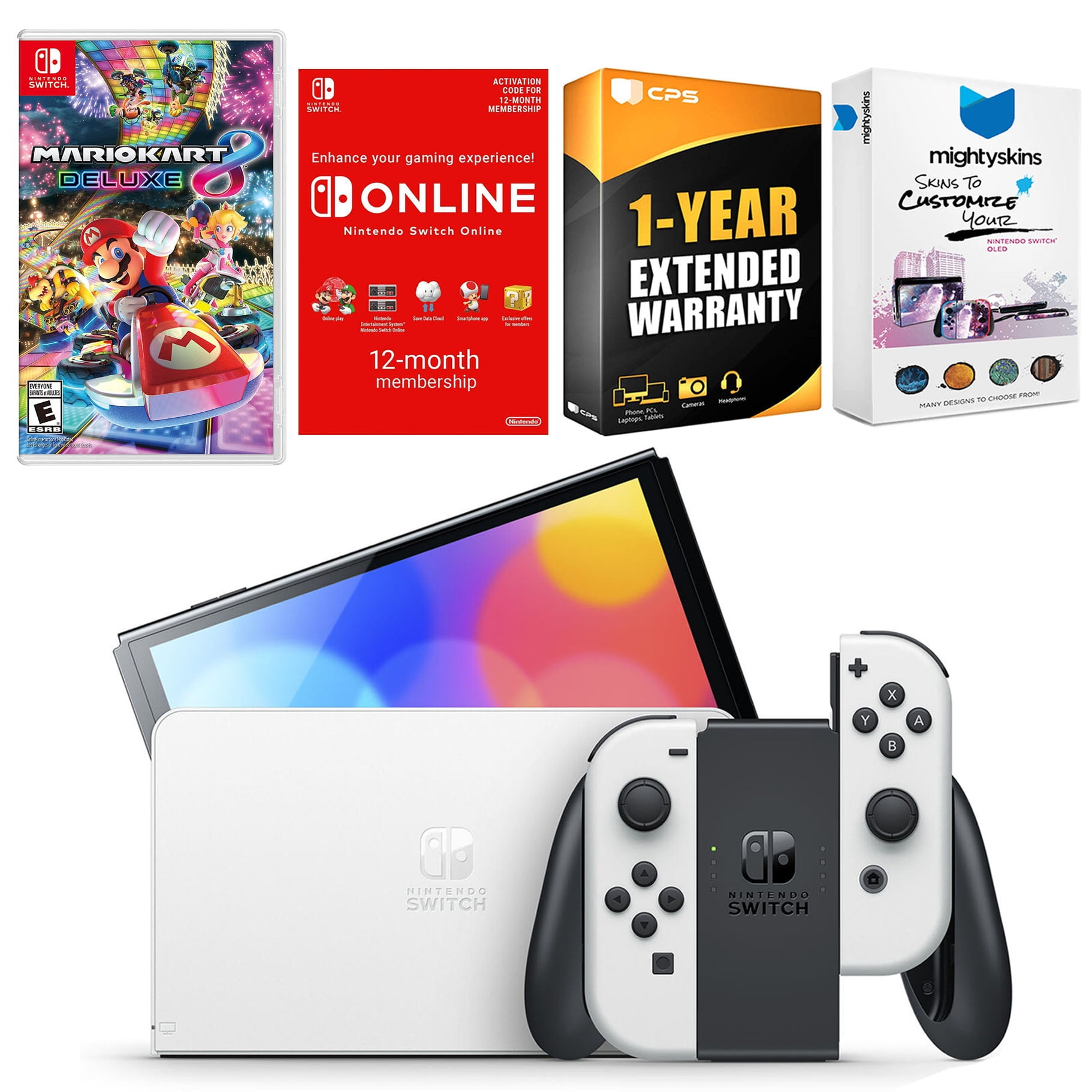 Nintendo Switch White OLED Console with Mario Kart 8 Deluxe, NSO 12 Month Family Membership, MightySkins Console and Controller Skin Voucher, and 1 Year CPS Extended Warranty