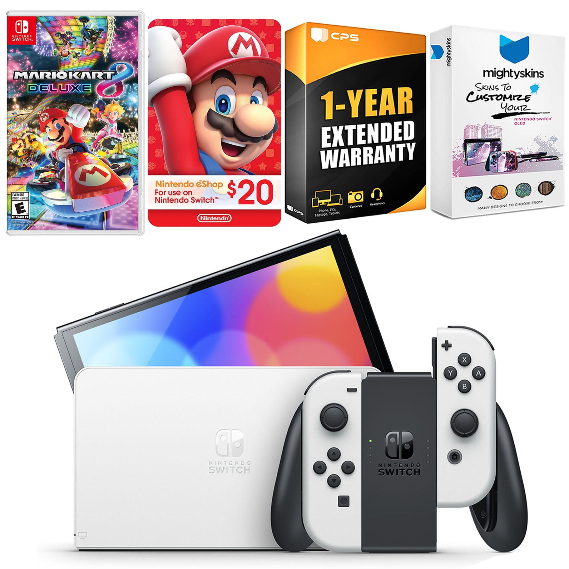Nintendo Switch White OLED Console with Mario Kart 8 Deluxe, Nintendo $20 eShop Gift Card, MightySkins Console and Controller Skin Voucher, and 1 Year CPS Extended Warranty