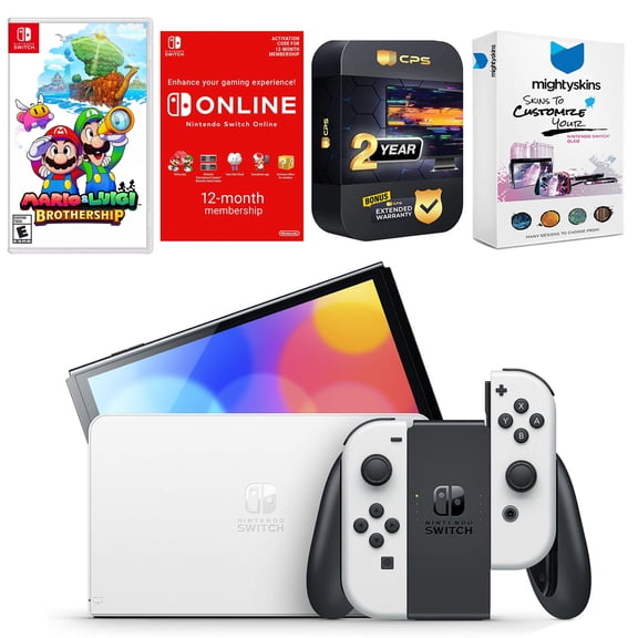 Nintendo Switch White OLED Console with Mario & Luigi: Brothership, NSO 12 Month Family Membership, MightySkins Console and Controller Skin Voucher, and 2 Year CPS Extended Warranty