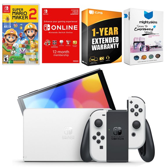 Nintendo Switch White OLED Console with Mario Maker 2 , NSO 12 Month Family Membership, MightySkins Console and Controller Skin Voucher, and 1 Year CPS Extended Warranty