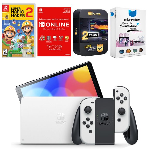 Nintendo Switch White OLED Console with Mario Maker 2 , NSO 12 Month Family Membership, MightySkins Console and Controller Skin Voucher, and 2 Year CPS Extended Warranty