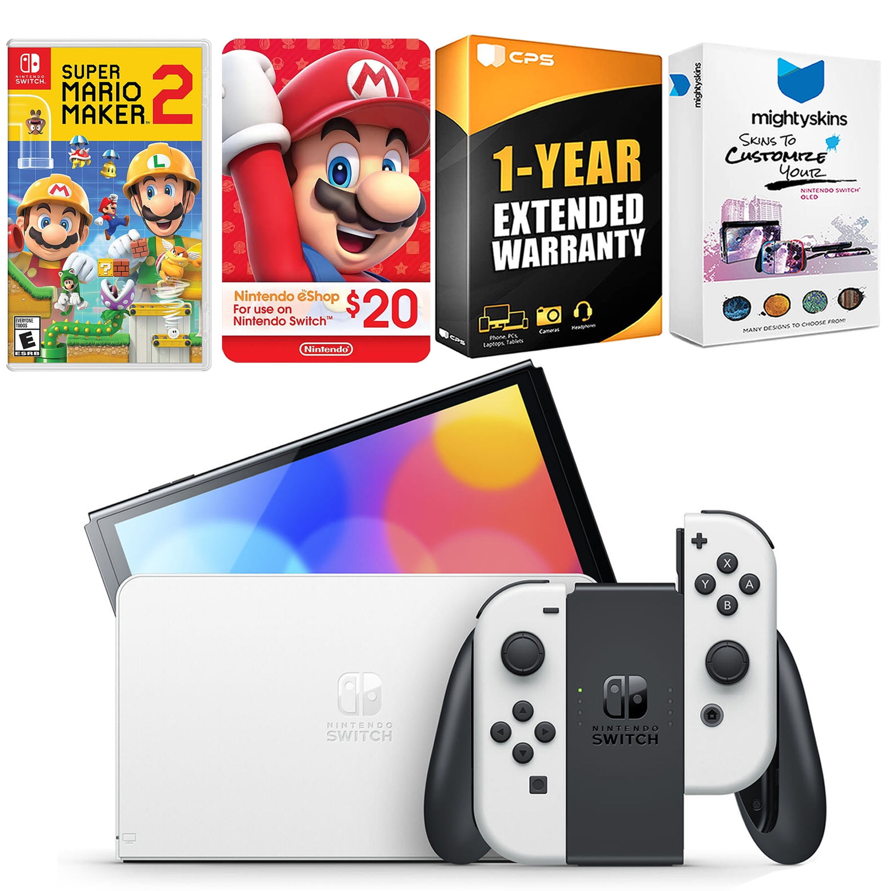 Nintendo Switch White OLED Console with Mario Maker 2, Nintendo $20 eShop Gift Card, MightySkins Console and Controller Skin Voucher, and 1 Year CPS Extended Warranty