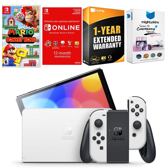 Nintendo Switch White OLED Console with Mario vs. Donkey Kong, NSO 12 Month Family Membership, MightySkins Console and Controller Skin Voucher, and 1 Year CPS Extended Warranty