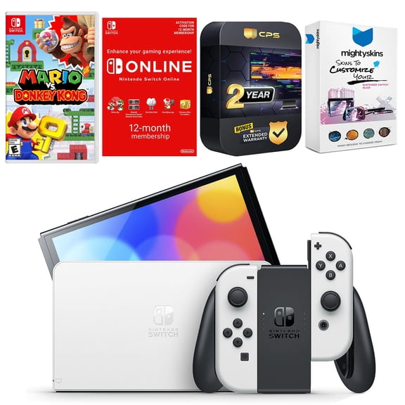 Nintendo Switch White OLED Console with Mario vs. Donkey Kong, NSO 12 Month Family Membership, MightySkins Console and Controller Skin Voucher, and 2 Year CPS Extended Warranty