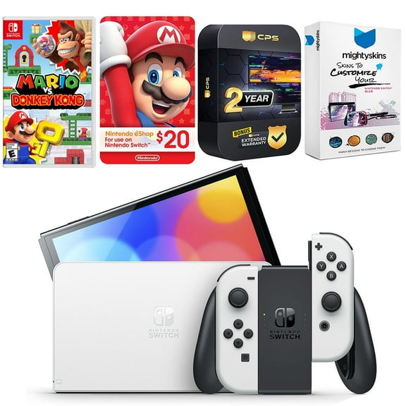 Nintendo Switch White OLED Console with Mario vs. Donkey Kong, Nintendo $20 eShop Gift Card, MightySkins Console and Controller Skin Voucher, and 2 Year CPS Extended Warranty